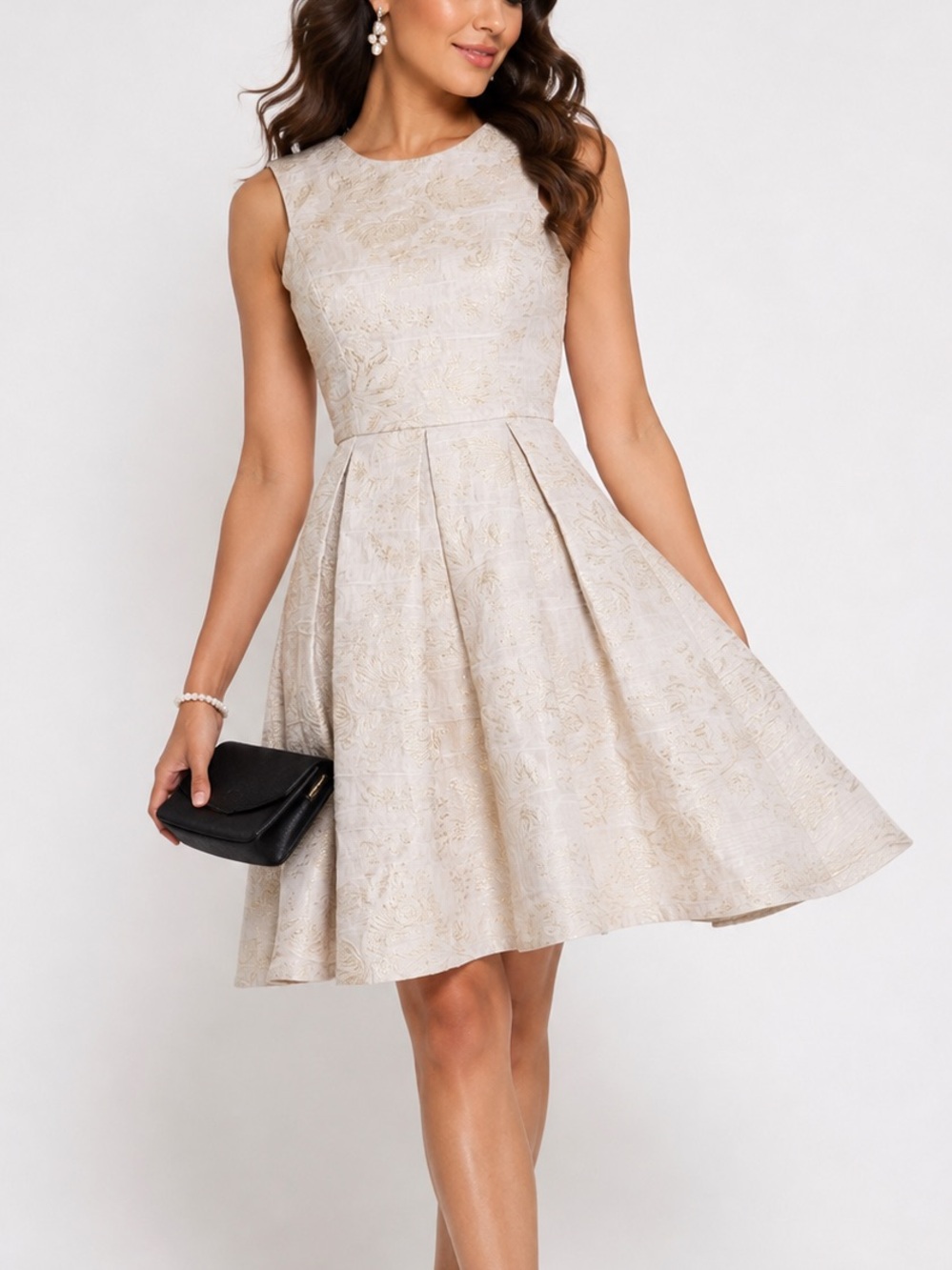 Dress the Population Ivory Gold Metallic Floral Brocade Mini Dress Cocktail XS